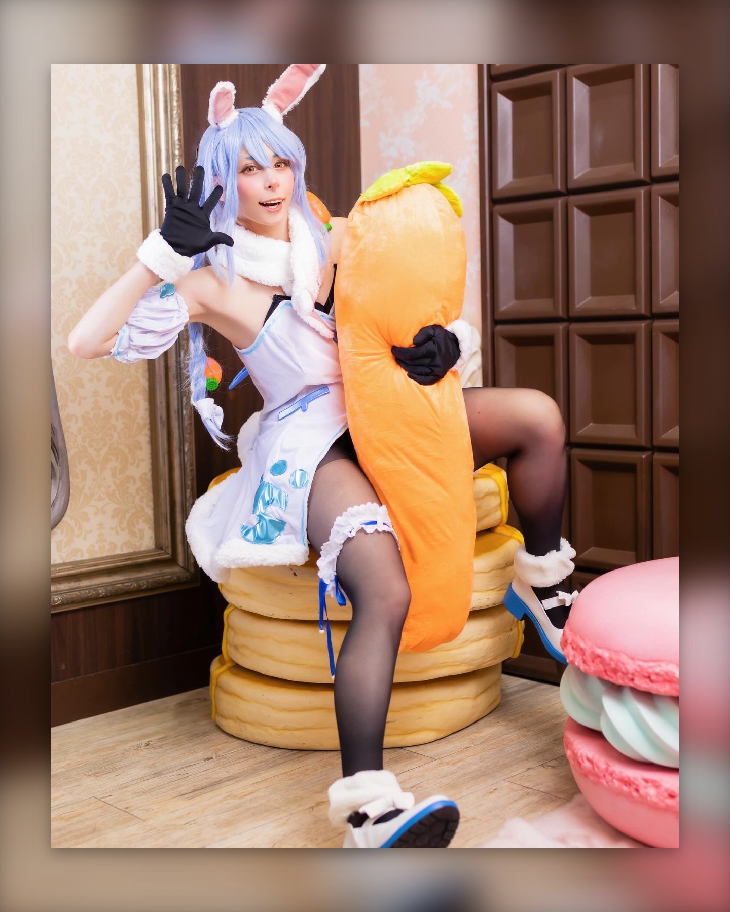 White rabbit cosplay with carrot plush